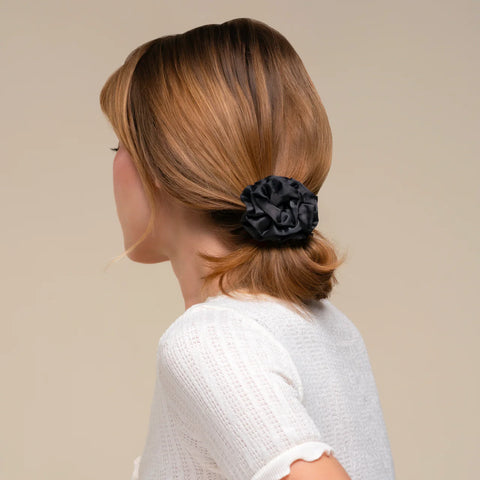 Black Rosette Ruched Satin Scrunchies